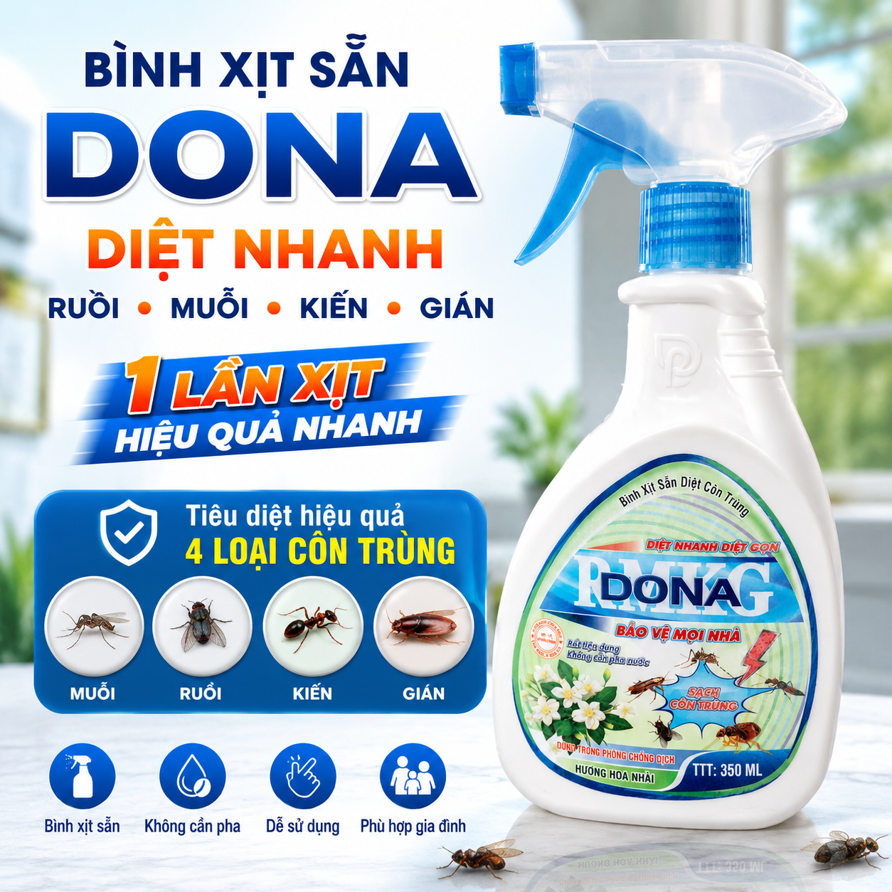 Bình xịt sẵn diệt côn trùng DONA hương hoa nhài diệt ruồi muỗi kiến gián