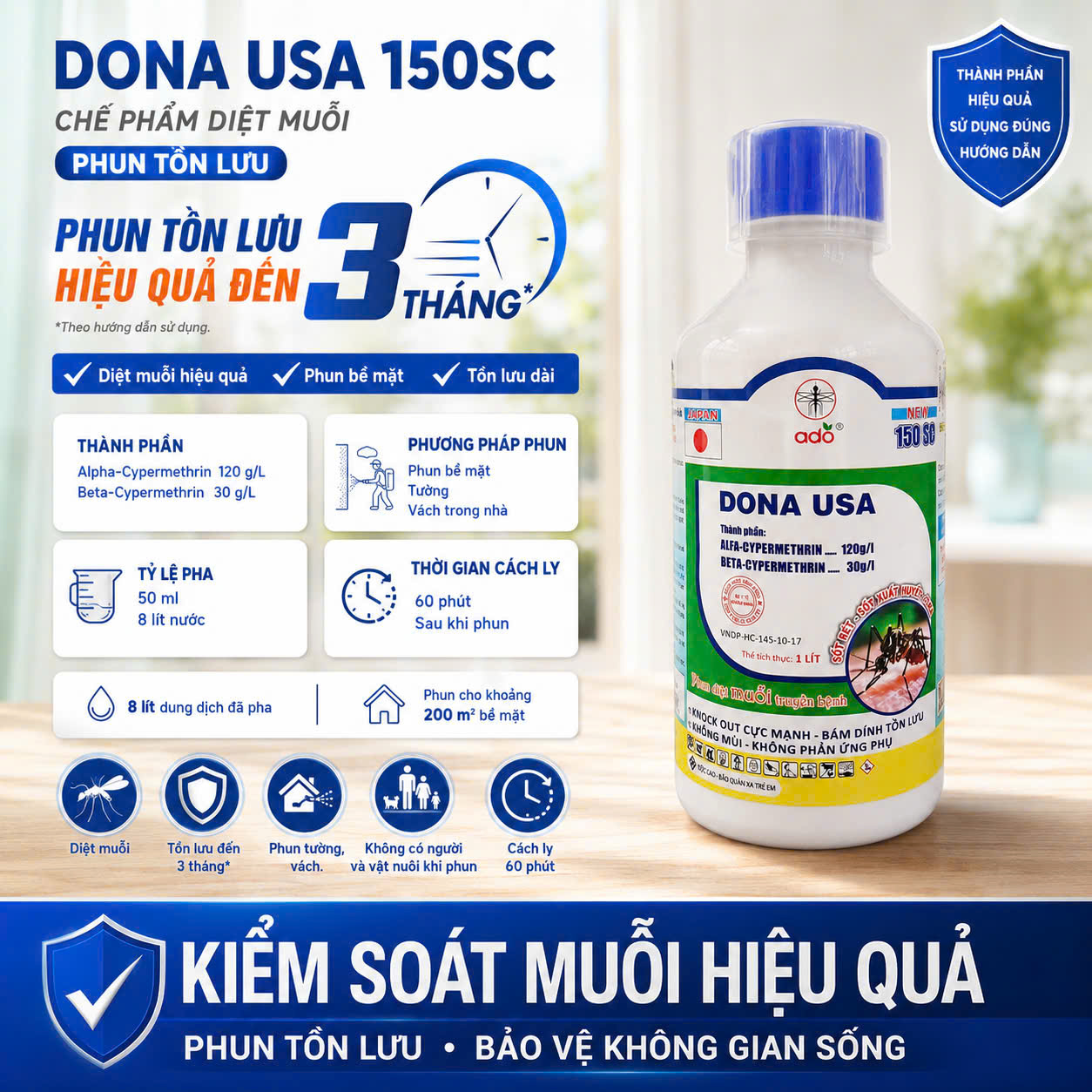 DONA USA 150SC – Chế Phẩm Diệt Muỗi Phun Tồn Lưu Chế phẩm diệt muỗi DONA USA 150SC phun tồn lưu trên tường và vách trong nhà