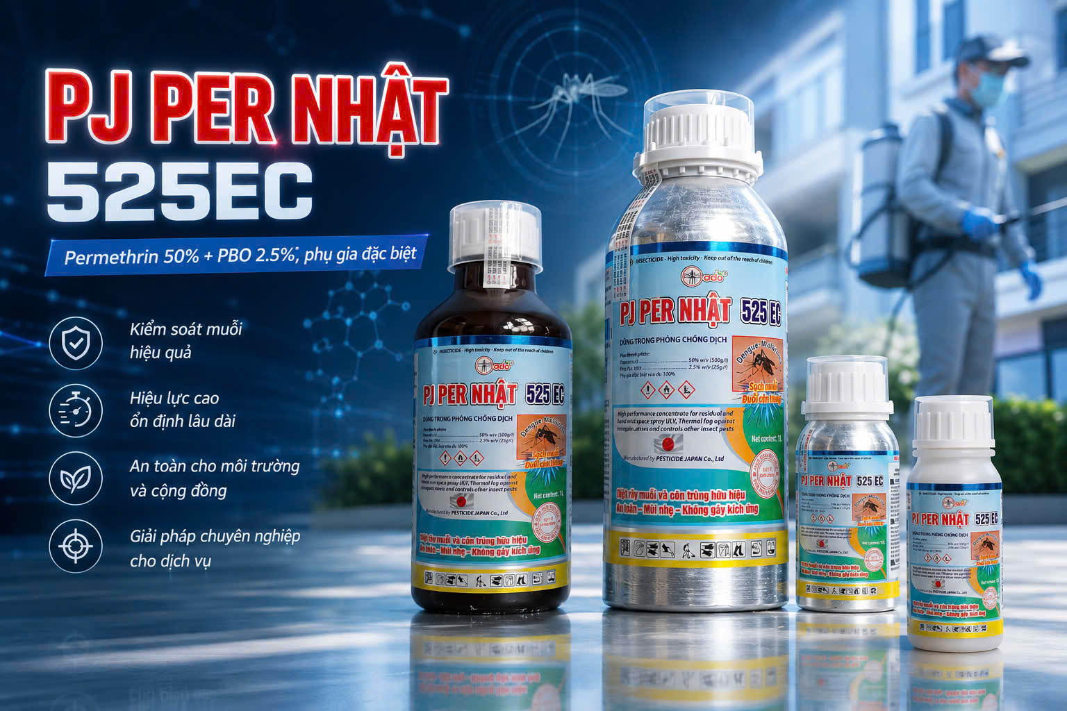 PJ PER NHẬT 525EC được nhiều người quan tâm nhờ công thức Permethrin kết hợp PBO cùng hệ phụ gia hỗ trợ.