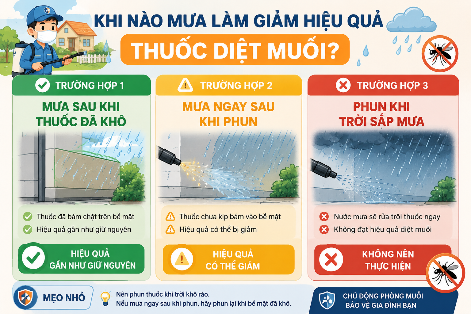 Infographic 3 trường hợp trời mưa ảnh hưởng đến hiệu quả thuốc diệt muỗi sau khi phun.