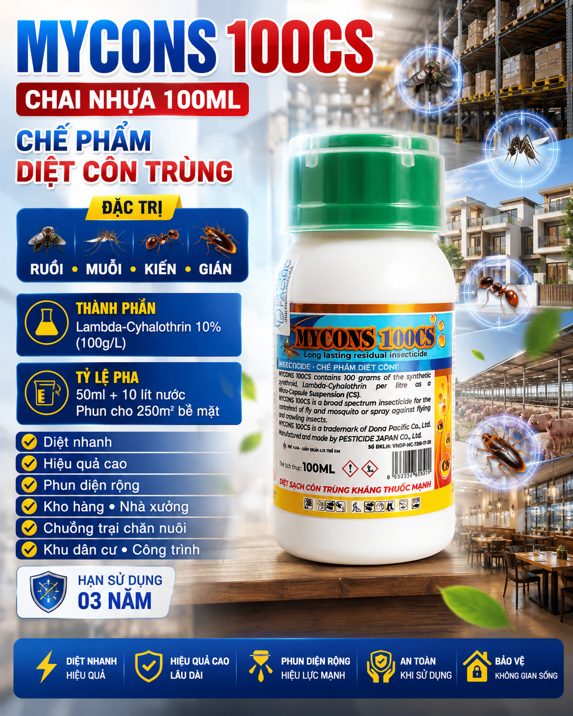 MYCONS 100CS chế phẩm kiểm soát muỗi ruồi kiến gián công nghệ vi nang CS tồn lưu 3 đến 4 tháng