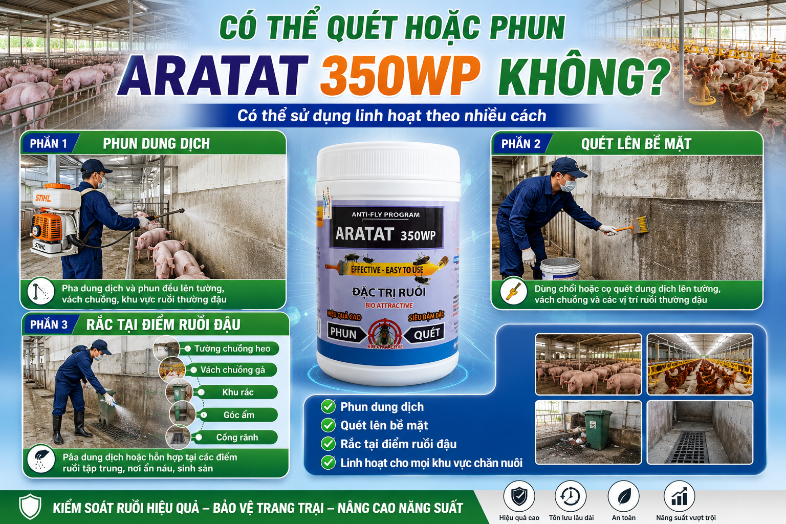 Các phương pháp sử dụng chế phẩm diệt ruồi Aratat 350WP gồm phun, quét và xử lý tại khu vực ruồi thường xuất hiện.
