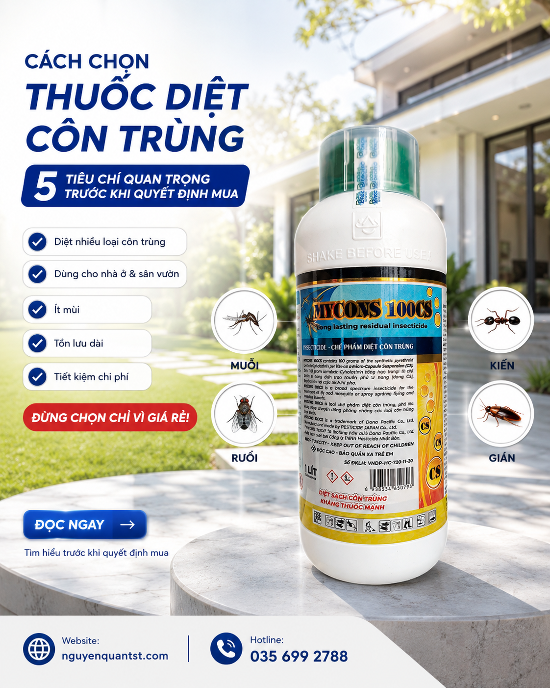 Cách chọn thuốc diệt côn trùng cho gia đình với 5 tiêu chí quan trọng như hiệu lực tồn lưu, ít mùi, phạm vi sử dụng và khả năng kiểm soát muỗi, ruồi, kiến, gián